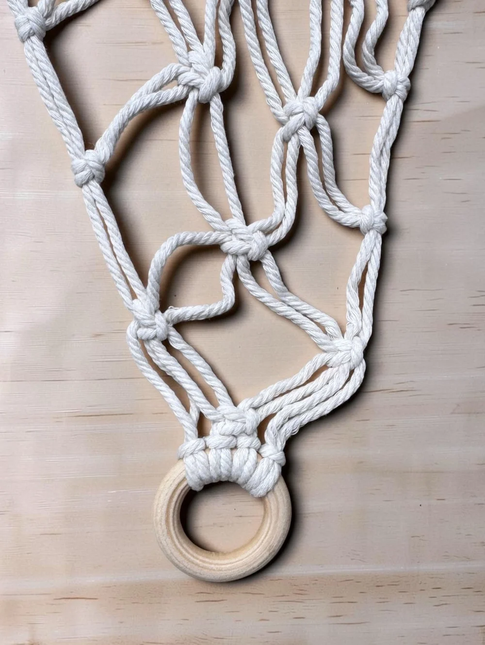 Handmade Boho 1970s Macramé Triangle Wall Hanging with Wooden Rings and Tassels